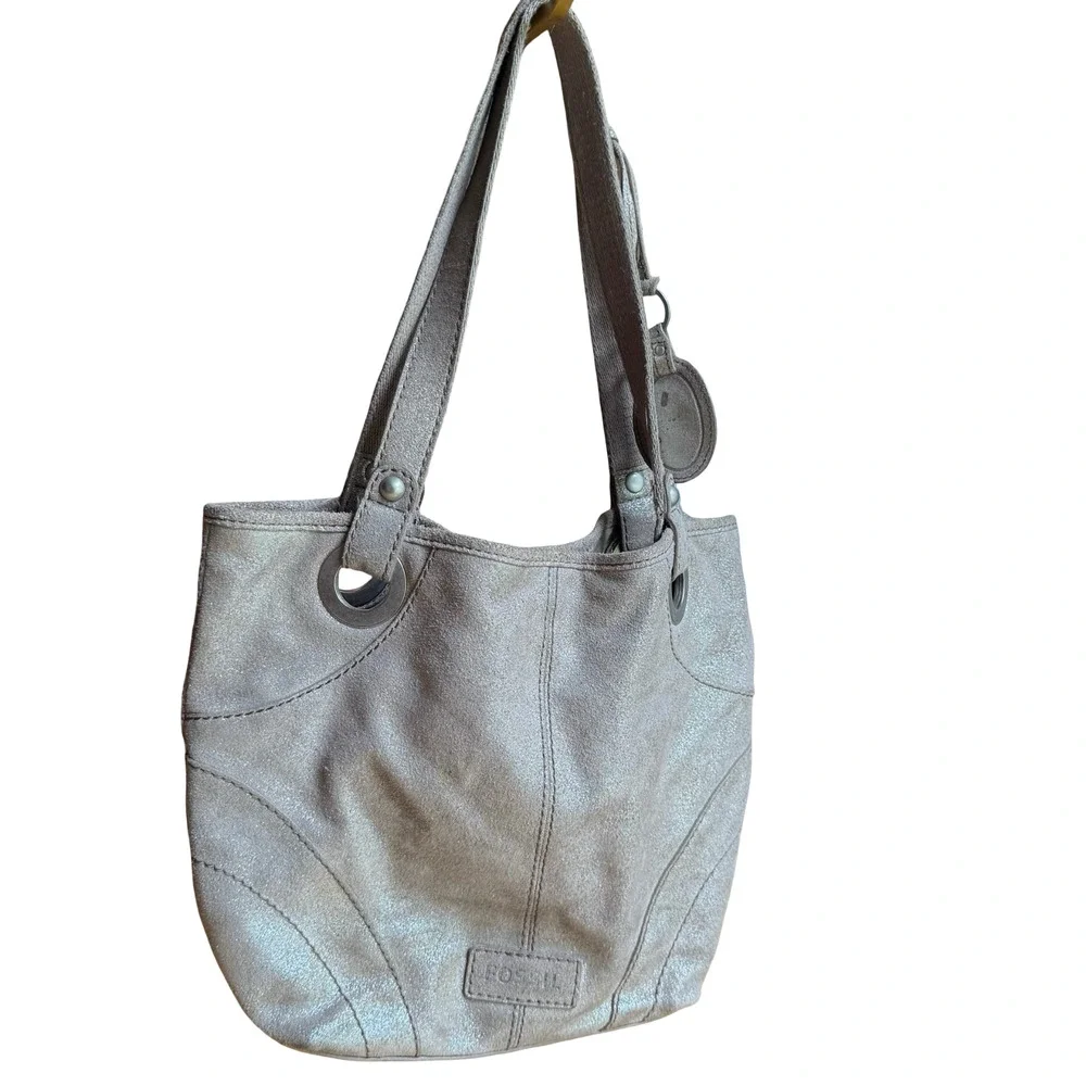 Fossil Metallic Suede Leather Double Handle Shoulder Bag Tote Purse 13x11x4